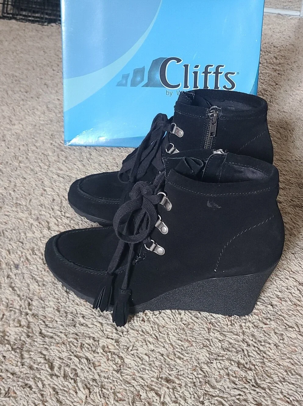 Cliffs by WHITE MOUNTAIN Black Lace-Up Wedge Ankle Boots